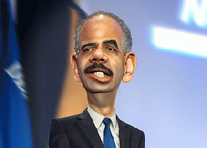 Eric Holder's caricature sort of shows the Attorney General talking out of both sides of his mouth at once. Is Holder's equivocating a mere personality disorder or is it because he became Obama's .sin eater.?, From ImagesAttr