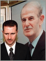 Syrian President Bashar al-Assad in front of a poster of his father, Hafez al-Assad., From ImagesAttr