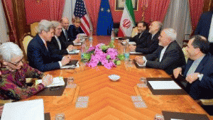 Secretary of State John Kerry and his team of negotiators meeting with Iran's Foreign Minister Javad Zarif and his team in Switzerland on March 26, 2015., From ImagesAttr