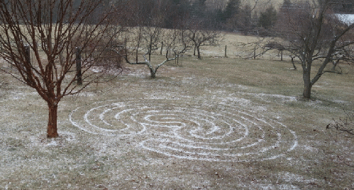 Northern Virginia labyrinth dusted with snow. (Made from over 550 repurposed bricks.)