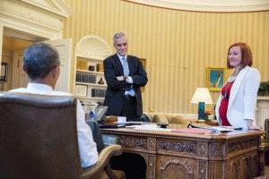 President Barack Obama meets with Chief of Staff Denis McDonough and Jen Psaki, Director of Communications, in the Oval Office, April 1, 2015.