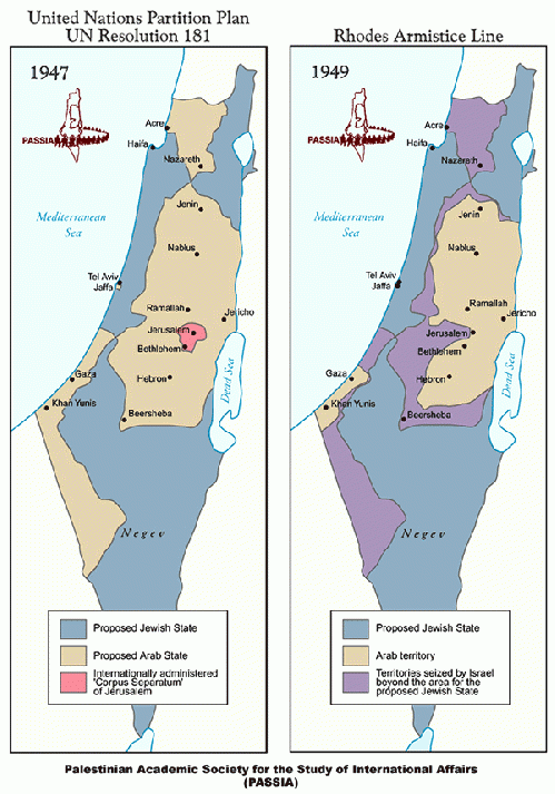 One of many interpretations of the original Balfour/UN agreement map laying out the Israeli-Palestinian territories. The interwoven territories have never yielded a viable state for Israel or Palestine.