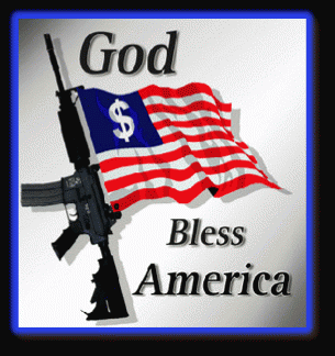 God Bless America American Flag with M4 Rifle & Dollar sign, From ImagesAttr