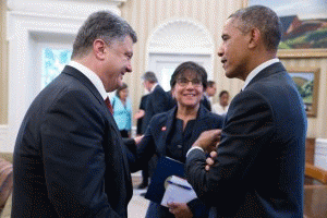 President Barack Obama talks with President Petro Poroshenko of Ukraine and Commerce Secretary Penny Pritzker following a bilateral meeting in the Oval Office, Sept. 18, 2014., From ImagesAttr