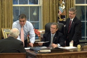 President George W. Bush and Vice President Dick Cheney receive an Oval Office briefing from CIA Director George Tenet. Also present is Chief of Staff Andy Card (on right). President George W. Bush and Vice President Dick Cheney receive an Oval Office briefing from CIA Director George Tenet. Also present is Chief of Staff Andy Card (on right).