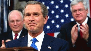 President George W. Bush receiving applause during his 2003 State of the Union Address in which he laid out a fraudulent case for invading Iraq., From ImagesAttr