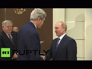 Putin, Kerry shake hands meet for talks in Sochi Russian President Vladimir Putin welcomed US Secretary of State John Kerry in Sochi, in Kerry's first visit to Russia since the Ukrainian crisis began two years ..., From ImagesAttr