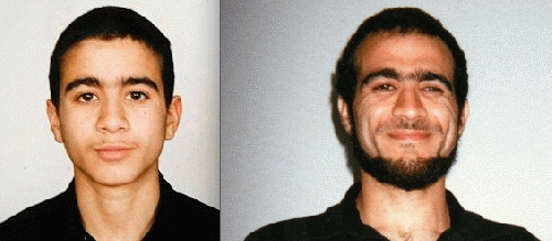 Omar Khadr at 14, when he was sent to fight in Afghanistan and at 28, From ImagesAttr