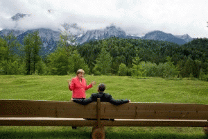 President Barack Obama talks with German Chancellor Angela Merkel at the G7 Summit at Schloss Elmau in Bavaria, Germany, June 8, 2015., From ImagesAttr