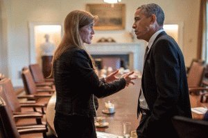 President Barack Obama talks with Ambassador Samantha Power, U.S. Permanent Representative to the United Nations, following a Cabinet meeting in the Cabinet Room of the White House, Sept. 12, 2013.