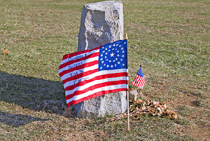 Alonzo Cushing Marker -- The Angle Gettysburg National Military Battlefield (PA) 2011.  The flag of true patriots in the First U.S. Civil War, From ImagesAttr