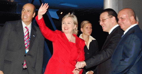 Then-Secretary of State Hillary Clinton arrives at Armando Escalon Airbase in San Pedro Sula, Honduras, on June 1, 2009--just weeks before the military coup.