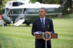 President Barack Obama delivers a statement on the situation in Ukraine, on the South Lawn of the White House, July 29, 2014.