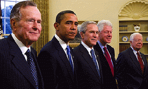 2009 Five Presidents George W. Bush, President Elect Barack Obama, Former Presidents George H W Bush, Bill Clinton, Jimmy Carter Portrait, From ImagesAttr