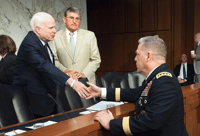 Gen. Mark Milley shakes hands with Senate Armed Services Committee Chairman Sen John MaCain.