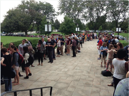 line wrapped around the block waiting to get in to hear Bernie Sanders speak