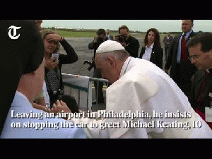 Pope Francis stops car in Philadelphia to bless child in wheelchair While departing Philadelphia, Pope Francis makes an unexpected stop in his car to bless a child in a wheelchair., From ImagesAttr