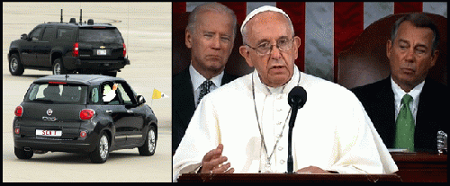 Pope Francis arrives by Fiat and speaking before VP Joe Biden and House Speaker John Boehner Pope Francis arrives by Fiat and speaking before VP Joe Biden and House Speaker John Boehner