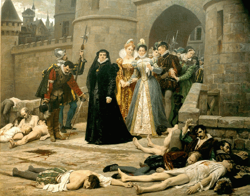 St. Bartholomew's Day Massacre: The blood of Huguenots soaked the streets of Paris. In this famous painting, Catherine de Medici surveys the result of her treachery. Religious wars--often underscored by power rivalries between nations, and the subterranea, From ImagesAttr