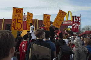 Strike and protest for a $15/hour minimum wage at a McDonalds restaurant Strike and protest for a $15/hour minimum wage at a McDonalds restaurant