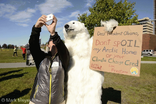 Peggy Wilcox of Anchorage takes a selfie with Frostpaw the polar bear at the rally., From ImagesAttr