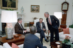 President Reagan meets with publisher Rupert Murdoch, U.S. Information Agency Director Charles Wick, lawyers Roy Cohn and Thomas Bolan in the Oval Office on Jan. 18, 1983., From ImagesAttr