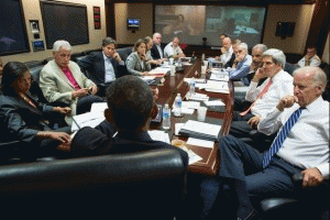 President Barack Obama meets in the Situation Room with his national security advisors to discuss strategy in Syria, Saturday, Aug. 31, 2013.