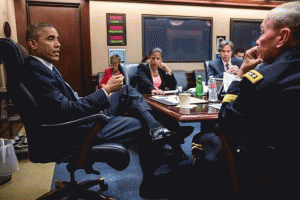 President Barack Obama meets with his national security advisors in the Situation Room of the White House, Aug. 7, 2014., From ImagesAttr