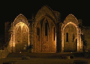 Church of the virgin of the burgh Rhodes 14th century night, From WikimediaPhotos