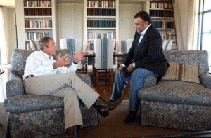 Prince Bandar bin Sultan, then Saudi ambassador to the United States, meeting with President George W. Bush in Crawford, Texas, on Aug. 27, 2002.
