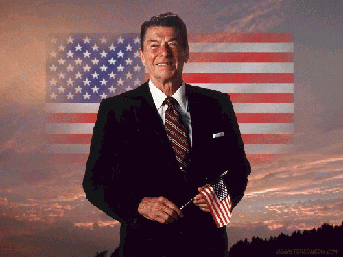 The mythic flagwaving Reagan. A mediocre actor but a powerful propaganda tool for the corporate establishment, Reagan's regime demarcates the liberaloid past from the new age of ever more blatant plutocratic-imperialist control. The Reagan regime proved t