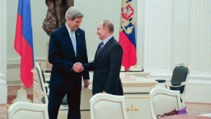 Russian President Vladimir Putin greets Secretary of State John Kerry before meetings at the Kremlin on Dec. 15, 2015., From ImagesAttr