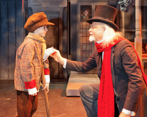 Ryan Bradshaw (Tiny Tim) and Chris Van Cleave (Scrooge) in VMT production of A Christmas Carol: A Musical, 2015