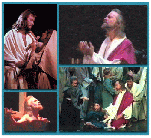 Van Cleave in the title role in Jesus Christ, Superstar, various productions, including the Broadway tour, top left.