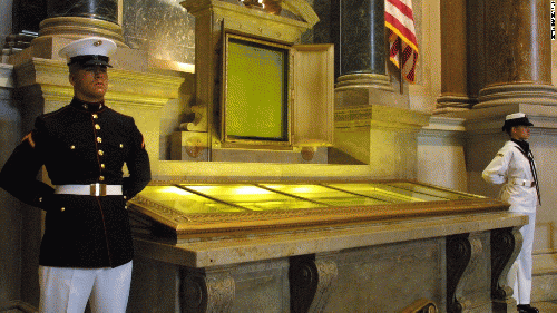 An honor guard stands next to original copies of the Declaration of Independence, the Constitution and the Bill of Rights., From ImagesAttr