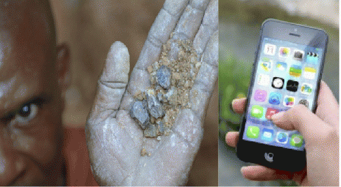 Congolese miner(left) holding wolframite for use in smartphones (right)