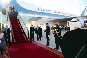 President and Mrs. Obama disembark from Air Force One at King Khalid International Airport in Riyadh on Jan. 27, 2015, for a state visit to Saudi Arabia. President and Mrs. Obama disembark from Air Force One at King Khalid International Airport in Riyadh on Jan. 27, 2015, for a state visit to Saudi Arabia.
