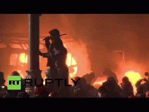 Ukraine:  Dynamo Kyiv stadium set aflame by protesters in Kiev Tens of thousands of protesters armed with sticks, flares and Molotov cocktails clashed with security forces in Kiev on Sunday, with protesters setting fire to the ...