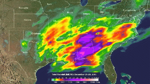 A NASA rainfall analysis from Dec. 23 to Dec. 27 showed highest rainfall totals of almost 938 mm (36.8 inches) were measured by IMERG in the state of Alabama.
