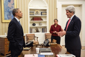 President Barack Obama talks with Secretary of State John Kerry and National Security Advisor Susan E. Rice, From ImagesAttr