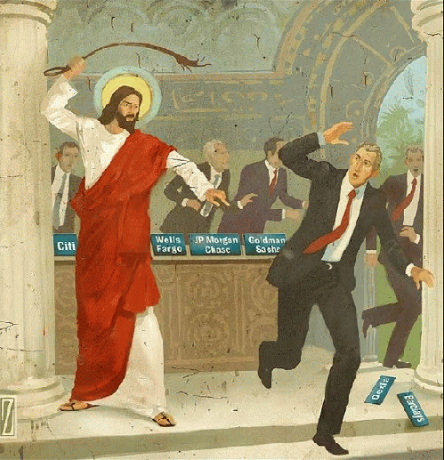 Modern interpretation of Christ driving the money changers from the temple, From ImagesAttr