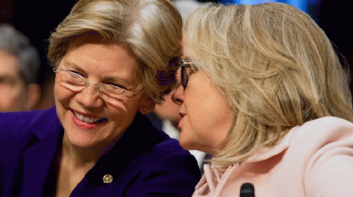 Elizabeth Warren and Hillary Clinton share a joke...on progressives?, From ImagesAttr