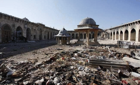 The Omayyad mosque in Aleppo, Syria was built between the 8th and 13th centuries and is reputedly home to the remains of John the Baptist's father. It is located in the walled Old City, a UNESCO World Heritage site. Heavy fighting during the Syrian civil , From ImagesAttr