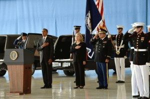 President Barack Obama and Secretary of State Hillary Clinton honor the four victims of the Sept. 11, 2012, attack on the U.S. mission in Benghazi, Libya, at the Transfer of Remains Ceremony held at Andrews Air Force Base, Joint Base Andrews, Maryland, on, From ImagesAttr