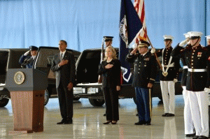 President Barack Obama and Secretary of State Hillary Clinton honor the four victims of the Sept. 11, 2012, attack on the U.S. mission in Benghazi, Libya, at the Transfer of Remains Ceremony held at Andrews Air Force Base, Joint Base Andrews, Maryland, on President Barack Obama and Secretary of State Hillary Clinton honor the four victims of the Sept. 11, 2012, attack on the U.S. mission in Benghazi, Libya, at the Transfer of Remains Ceremony held at Andrews Air Force Base, Joint Base Andrews, Maryland, on