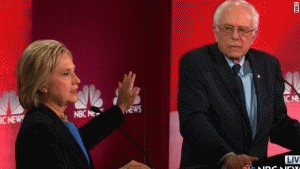 Former Secretary of State Hillary Clinton confronts Sen. Bernie Sanders in Democratic presidential debate on Jan. 17, 2016.
