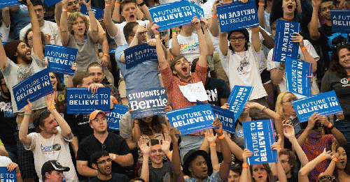 Bernie Sanders revved up the crowd at Penn State University last week., From ImagesAttr