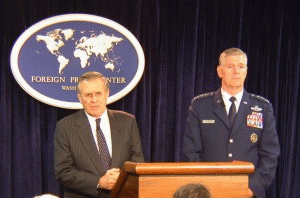 Defense Secretary Donald Rumsfeld at a press briefing with Joint Chiefs of Staff Chairman Richard Myers.