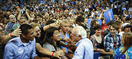 Bernie Sanders greets supporters at the University of Washington's Hec Edmundson Pavilion., From ImagesAttr