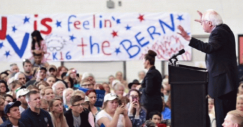 Bernie Sanders addresses a crowd in Charleston, West Virginia, where he is projected to win the May 10th primary., From ImagesAttr